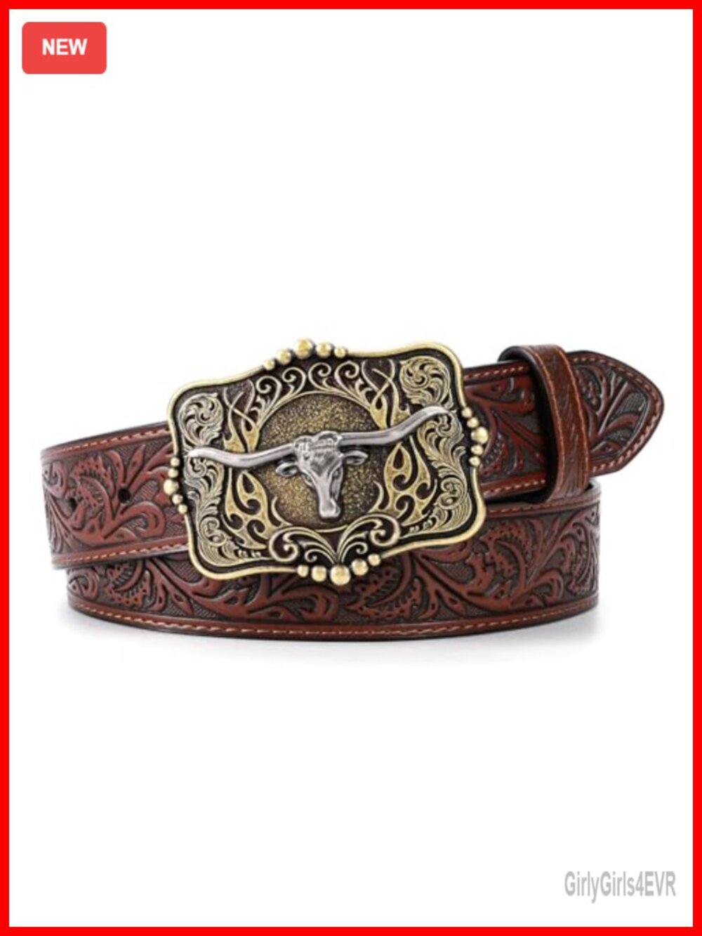 Western Cowboy Belt Embossed Leather Longhorn Buckle